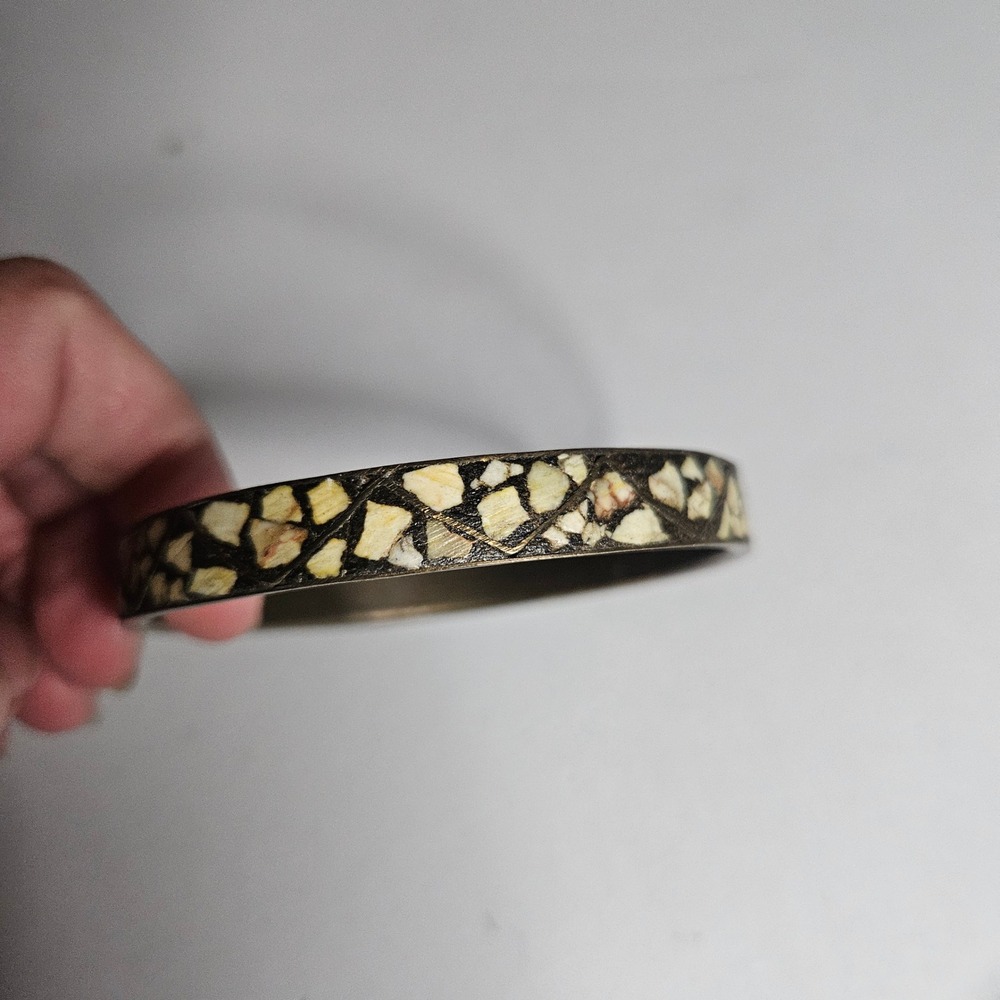 Vintage Brass Bangle Bracelet Crushed Bone Inlay Mosaic Geometric Boho Ethnic‎